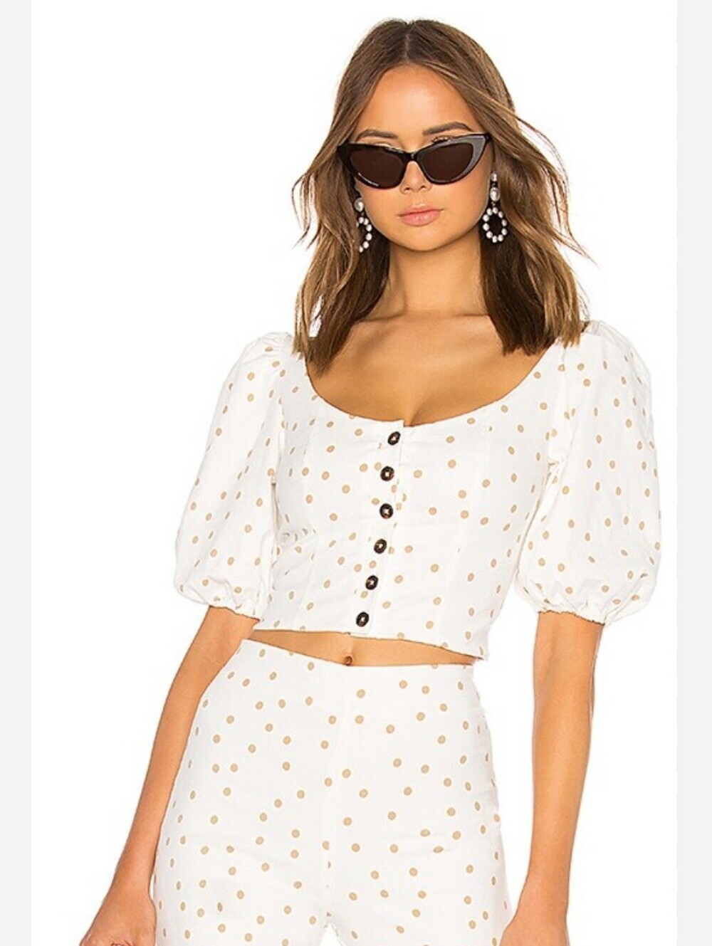 LPA Tan White Polka Dot Puff Sleeve Crop Button Up Top XL